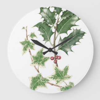 Redondo Grande Reloj de acuarela botánica Holly & Ivy