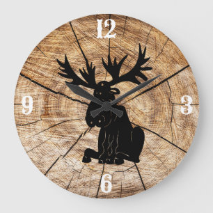 Redondo Grande Reloj de alce con fondo de madera