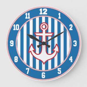 Redondo Grande Reloj de anclaje nauético rojo blanco y azul