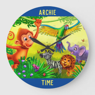 Redondo Grande Reloj de animales de la Jungla Personalizada