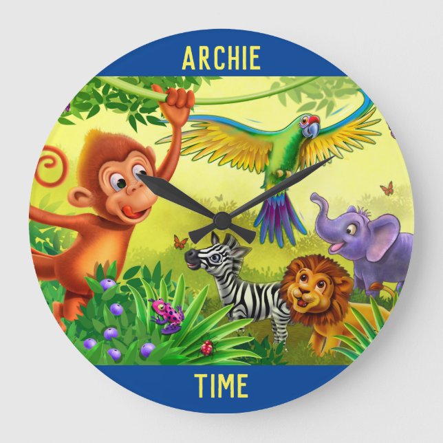 Redondo Grande Reloj de animales de la Jungla Personalizada (Anverso)