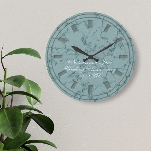 Redondo Grande Reloj de aniversario de boda de mármol falso turqu