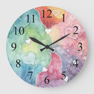 Redondo Grande Reloj de arte abstracto de acuarela de corazones f