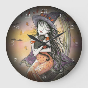 Redondo Grande Reloj de arte de fantasía de bruja y gato de Hallo
