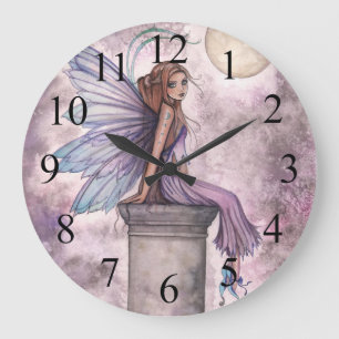 Redondo Grande Reloj de arte de fantasía de hada púrpura