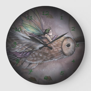 Redondo Grande Reloj de arte de fantasía de hada y búho volando