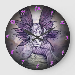 Redondo Grande Reloj de arte de fantasía de hadas moradas y marip