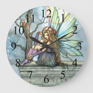 Redondo Grande Reloj de arte de fantasía de la hada pensativa y e