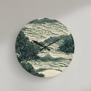 Redondo Grande Reloj de arte monocromo de olas del océano Zen