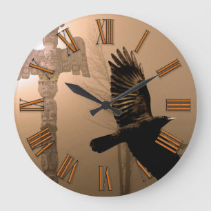 Redondo Grande Reloj de arte nativo americano Crow & Totem Pole