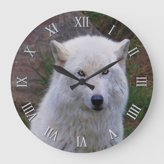 Redondo Grande Reloj de arte salvaje del lobo blanco ártico (Anverso)