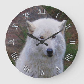 Redondo Grande Reloj de arte salvaje del lobo blanco ártico