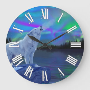 Redondo Grande Reloj de Aurora y Wolf Wildlife Art