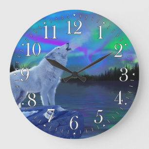Redondo Grande Reloj de Aurora y Wolf Wildlife Art