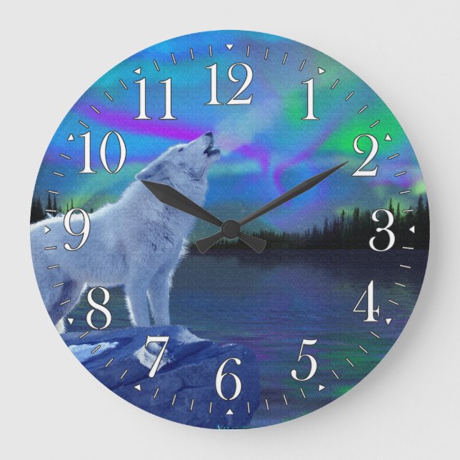 Redondo Grande Reloj de Aurora y Wolf Wildlife Art (Anverso)