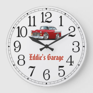 Redondo Grande Reloj de auto clásico rojo y blanco de Eddie's Gar