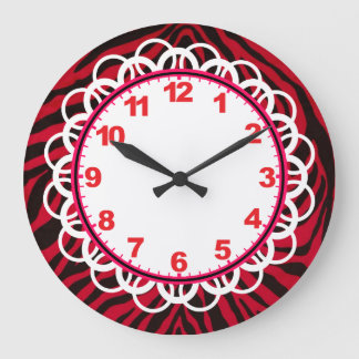 Redondo Grande Reloj de banda de cebra negra y roja con números