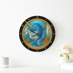 Redondo Grande Reloj de baño de Narwhal humorístico