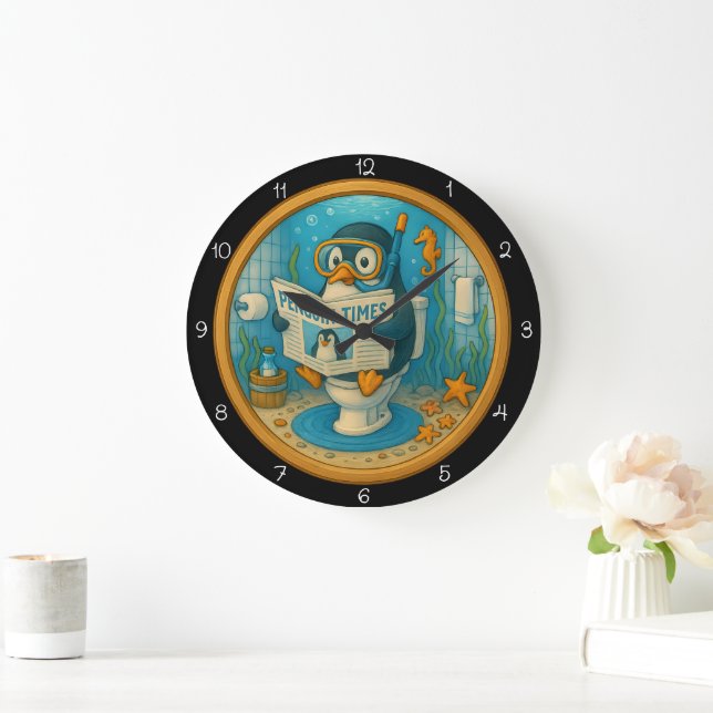 Redondo Grande Reloj de baño Penguin humorístico (Hogar)