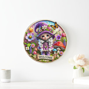 Redondo Grande Reloj de bienvenida de Gnome caprichoso: Fantasía