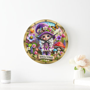 Redondo Grande Reloj de bienvenida de Gnome caprichoso: marco dor