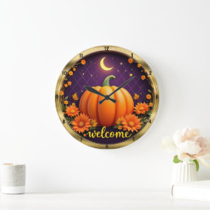 Redondo Grande Reloj de bienvenida de otoño: Pumpkin Moonlight Sy