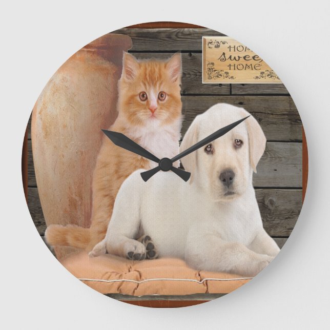 Redondo Grande reloj de cachorro y gatito (Anverso)