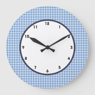 Redondo Grande reloj de cheques azul y blanco de gingham