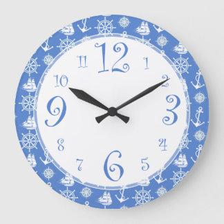 Redondo Grande Reloj de cocina azul y blanca retro