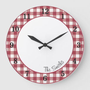 Redondo Grande Reloj de cocina con gingham de arándano y nombre