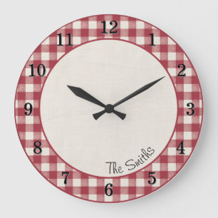 Redondo Grande Reloj de cocina con gingham de arándano y nombre