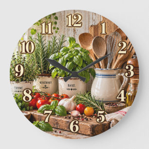 Redondo Grande Reloj de cocina con jardín de hierbas de granja