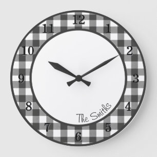 Redondo Grande Reloj de cocina de granja negro y blanco con gingh