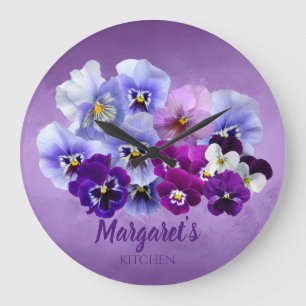 Redondo Grande Reloj de cocina floral personalizado Pretty Pansie