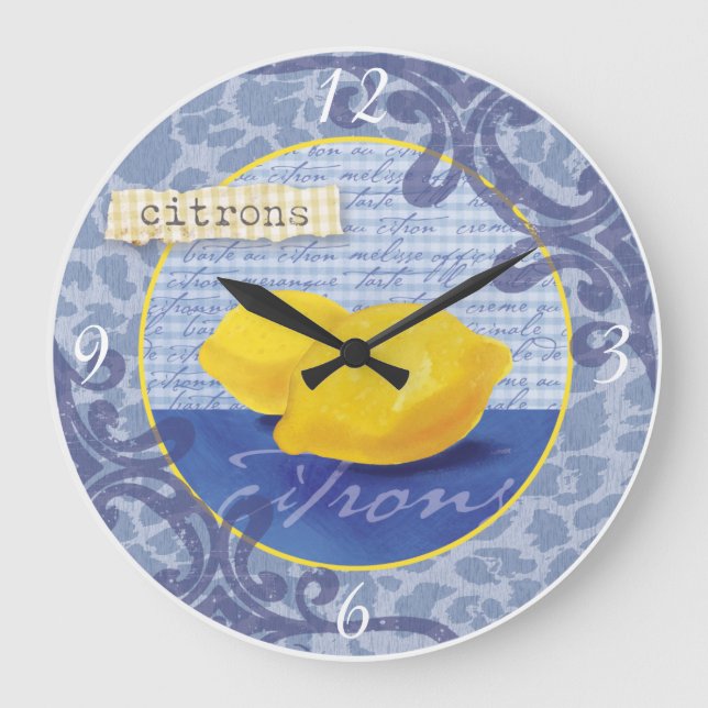 Redondo Grande Reloj de cocina francesa azul y amarillo (Anverso)