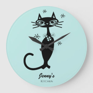 Redondo Grande Reloj de cocina personalizado para gato negro atóm
