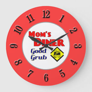 Redondo Grande Reloj de cocina roja retro de mamá