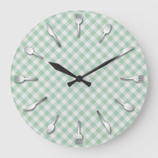 Redondo Grande Reloj de cocina verde de Gingham - País occidental