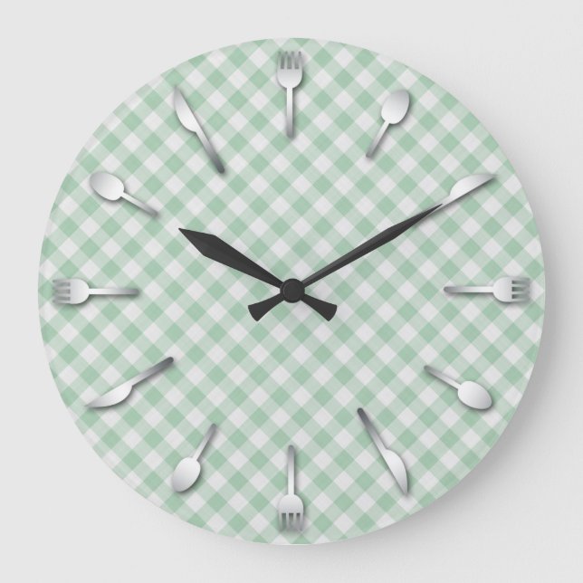 Redondo Grande Reloj de cocina verde de Gingham - País occidental (Anverso)