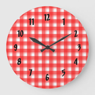 Redondo Grande Reloj de Cuadro Rojo y Blanco con Números Negros