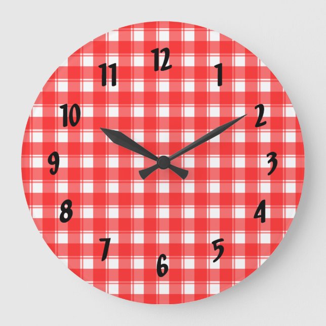 Redondo Grande Reloj de Cuadro Rojo y Blanco con Números Negros (Anverso)