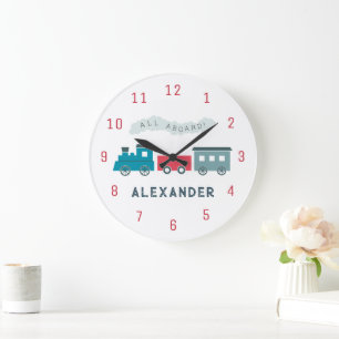 Redondo Grande Reloj de cuarto de niños de tren de vapor azul