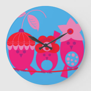 Redondo Grande Reloj de diseñador pájaros rosados caprichosos de 