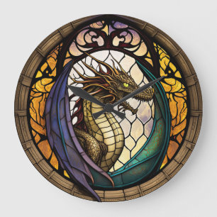 Redondo Grande Reloj de diseño de dragón de vidrio contenido