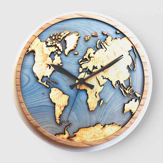 Redondo Grande Reloj de diseño de Mapa Mundial 3D (Anverso)