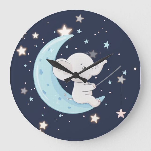Redondo Grande Reloj de elefante bebé pescando estrellas (Anverso)