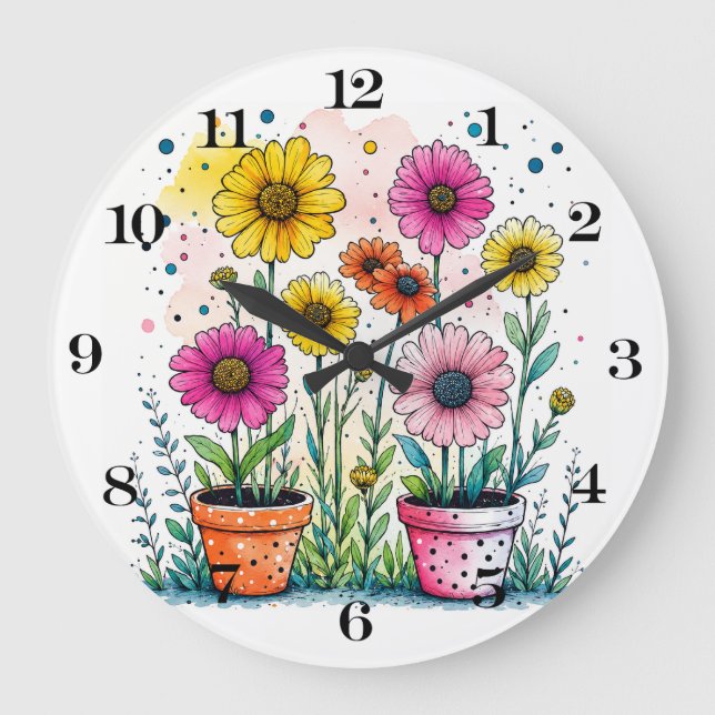 Redondo Grande Reloj de flores en una maceta (Anverso)