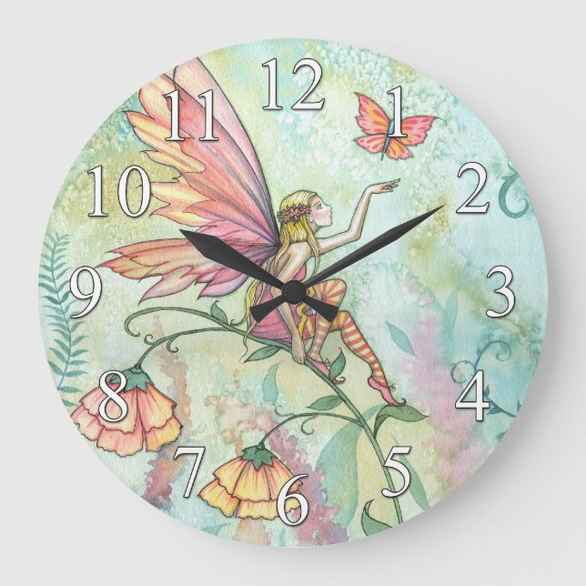 Redondo Grande Reloj de flores y mariposas por Molly Harrison (Anverso)