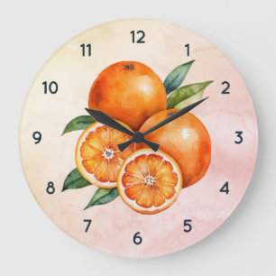 Redondo Grande Reloj de fruta Naranja acuarela con números Negros