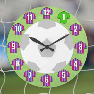 Redondo Grande Reloj de fútbol - con camisetas claret y azul
